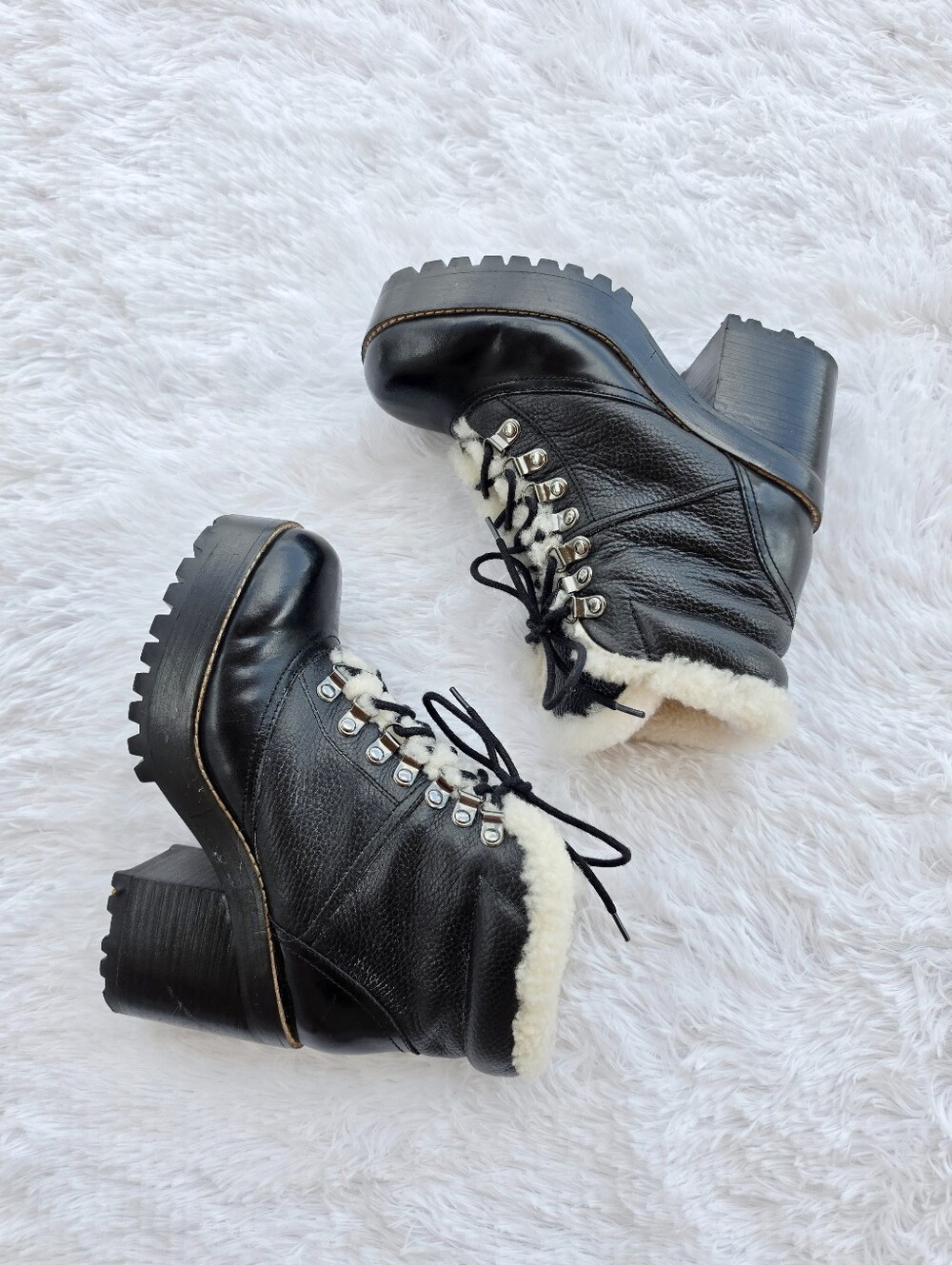 Jeffrey Campbell Sequoia Sherpa Leather Black Lace Up Platform Boots